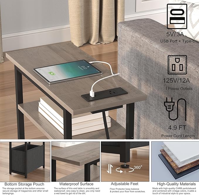 Narrow Side Table with Charging Station, Small End Table for Small Spaces, Skinny Nightstands with Storage Basket, 3 Tier Sofa Couch Bedside Tables for Living Room,Bedroom, Grey