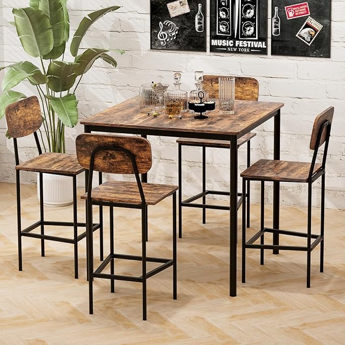 Tangkula Bar Height Table and Chairs, Counter-Height Dining Table Set, Pub Table and Chairs Set of 4, Space-Saving Dinette Set for Breakfast Nook