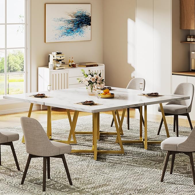 Tribesigns Square Dining Table for 8, 31.5" Modern Dinner Table with Metal Base, Kitchen Table for Dining Room, Small Space, Apartment, White & Gold