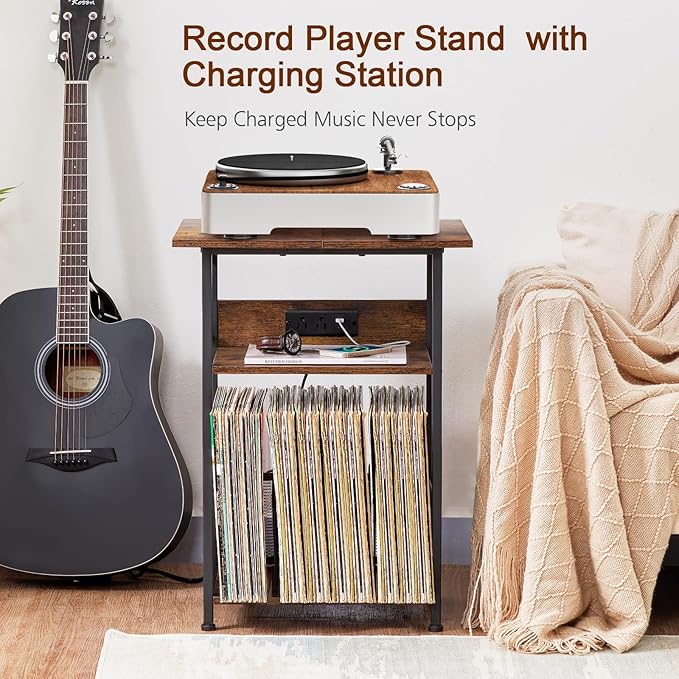 AMHANCIBLE Record Player Stand with Charging Station, Large Turntable Stand with Storage Cabinet, 3 Tier End Table Hold Up to 100 Albums, Record Stand for Vinyl, Living Room, Brown, HETCD012BR-1