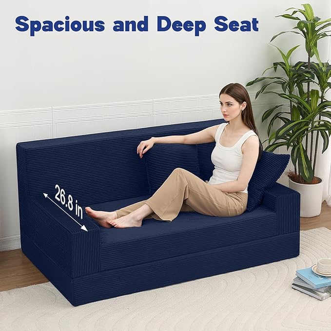 MeMoreCool Boneless Folding Sofa Bed Queen, Corduroy Convertible Sleeper Chair, Foldable Foam Mattress Chair, Comfy Fold‑Out Futon Couch Bed, Large Floor Sofa Couch for Living Room Guest