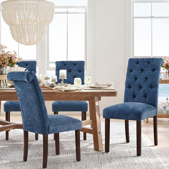 COLAMY Button Tufted Dining Chairs Set of 4, Parsons Upholstered Fabric Dining Room Chairs Kitchen Chairs with Wood Legs and Padded Seat, Blue