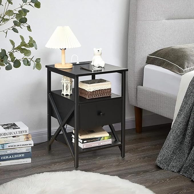 Side Tables with Charging Station, Black Charging End Table Bedside Table with Outlets, Nightstands with Wood Drawer, Night Stand with Storage for Bedroom, Living Room