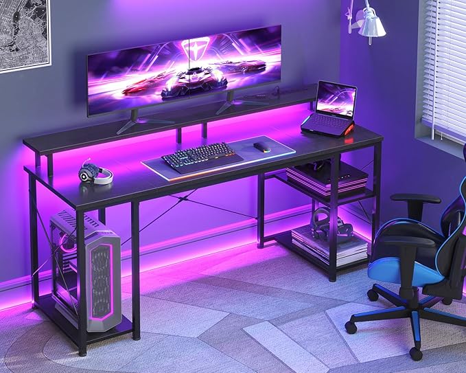 ODK 63 Inches Gaming Desk with LED Lights, Computer Desk with Monitor Stand, Pc Table with CPU Stand, Black