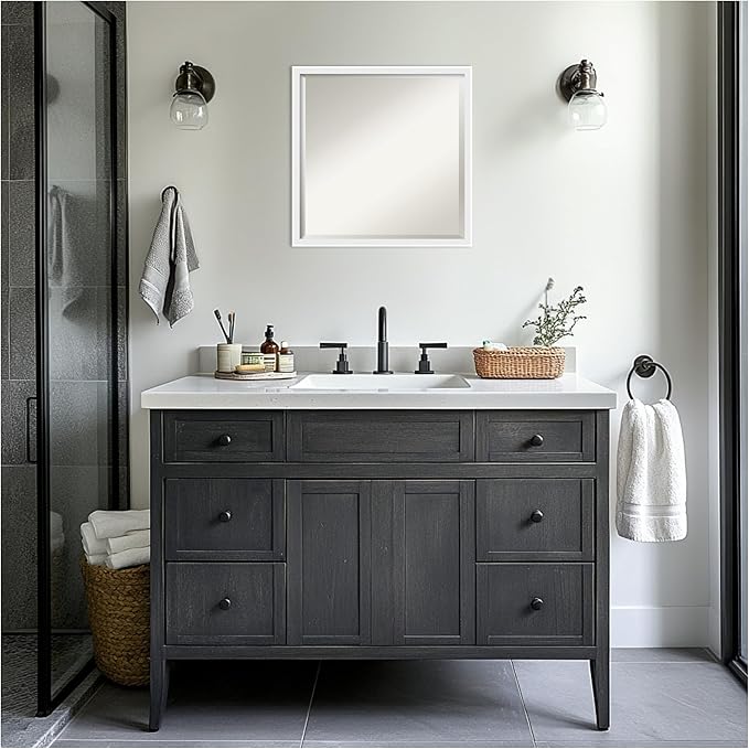 Amanti Art White Bathroom Mirror for Over Sink, 22x22 Incline White Square Vanity Mirror, Medium Modern Contemporary Wood Frame, Hangs Horizonally and Vertically, Bathroom Wall Decor, Beveled Edge