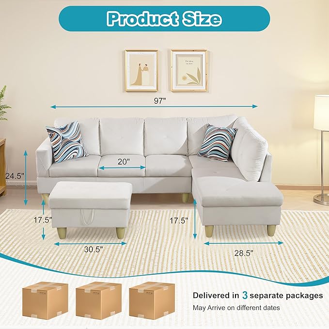 Couches for Living Room Modern L Shaped Couch Comfy Flannel Fabric 3 Pieces Sectional Sofa with Chaise, Ottoman with Storage for Office and Small Apartment, White