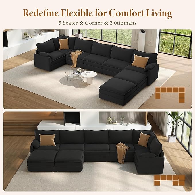 Vesgantti Large Modular Sectional Sofa, Big Comfy Cloud Couch with Ottoman Deep Seat Chenille Cloud Sofa, 8 Seater Large Sectional Couches for Living Room, Bedroom and Apartment, Black