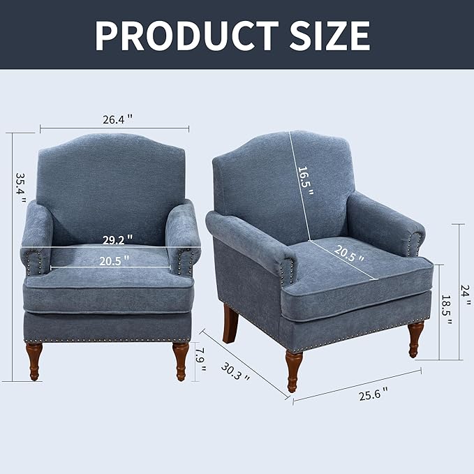 Ball & Cast Accent Chair with Nailhead Trim Armchair,Comfy Chenille Club Sofa Living Room Chairs w/Springs Cushions & Wood Legs,Traditional Single Couch for Bedroom,Farmhouse,Grey