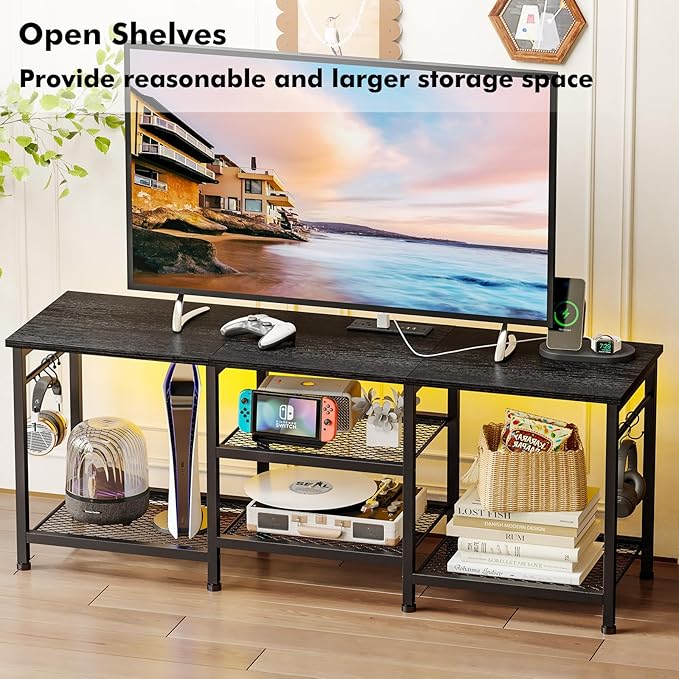 YGEOMER Black TV Stand Entertainment Center for 55 Inch TVs, with Charging Station and Lights Open Storage Shelves, TV Media Console, Open Storage Shelf with Sound Rack for Living Room, Bedroom
