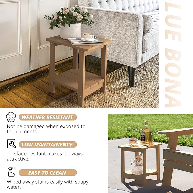 LUE BONA Adirondack Outdoor Side Table, 2-Tier Brown HDPS Patio End Table Weather Resistant, Morden Side Table for Patio, Pool, Porch
