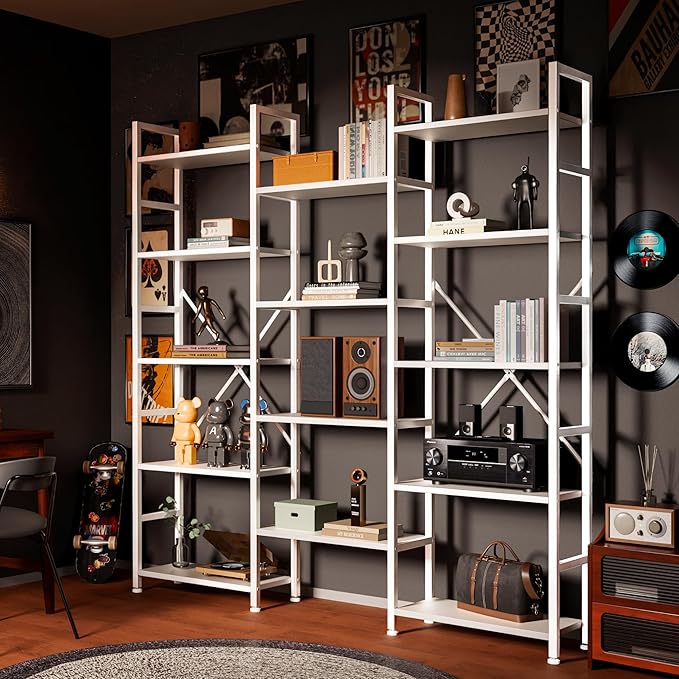 SUPERJARE Triple 5 Tier Bookshelf, Bookcase with 14 Open Display Shelves, Wide Book Shelf Book Case for Home & Office, White