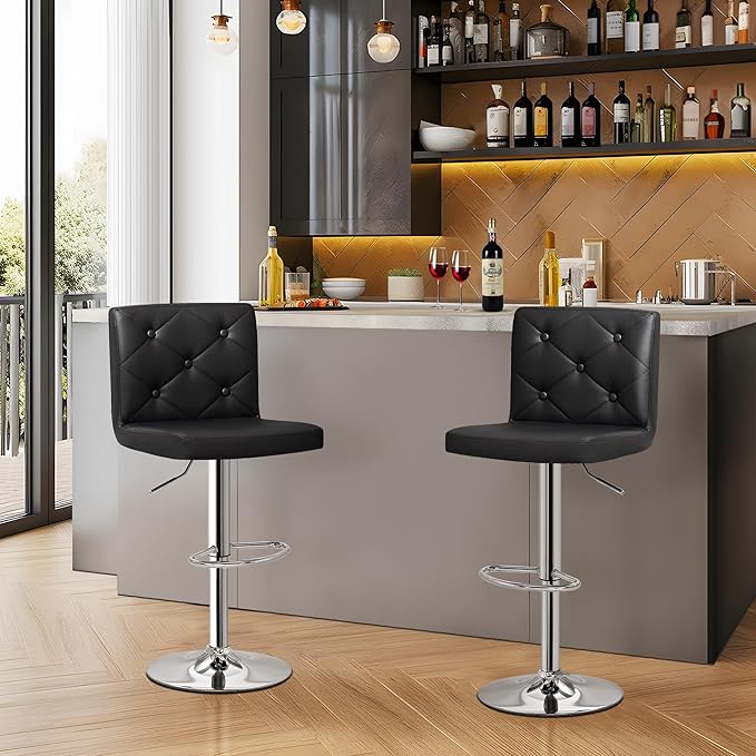 VECELO Adjustable Bar Stools with Back, Bar Height Stools for Kitchen Counter, Bar Stools Set of 2, X-Large Size, 17.3" D x 16.5" W x 45" H, Black
