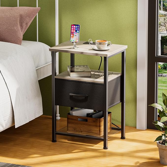 Nightstands Set of 2 with Charging Station and Drawer, End Table Bedside Table with 20 Colors LED Light Strip and 2 Layers Shelf for Bedroom Living Room Sofa (Grey)