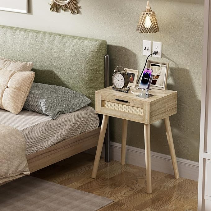 HAIOOU Nightstand with Charging Station Rattan Drawer, Mid Century Modern Side Table, End Beside Table with Pine Wood Legs Storage for Bedroom Living Room