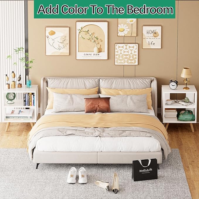 Night Stand, White Kids Nightstand, Modern End Table with Open Storage, 2-Tier Nursery Bedside Table for Small Space, Living Room, Bedroom