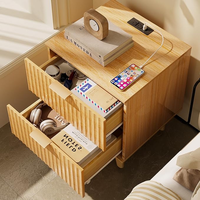 Urban Deco Fluted Nightstand with Charging Station, Mid Century Modern Nightstand, Wooden Side Table with 2 Fluted Drawers, End Table with Solid Wood Legs for Bedroom, 15.4 x 15.4 x 22.8 in (Natural)