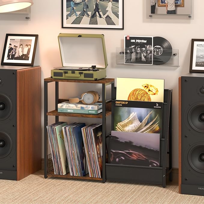 LELELINKY Record Player Stand with Vinyl Storage, 3 Tier Turntable Stand with Display Shelf Storage Up to 150 Albums,Brown End Table for Living Room