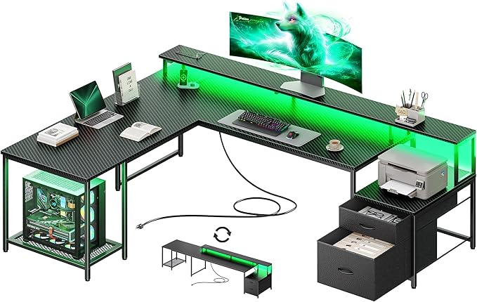 PRAISUN 66 Inch L Shaped Computer Desk with Power Outlets and LED Lights, Home Office Desk with Fabric Drawers and Print Stand, L Shape or Straight Set up, Monitor Stand, Carbon Fiber Black