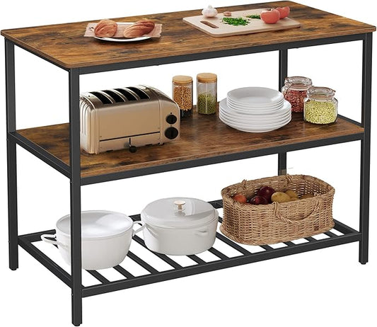 VASAGLE Kitchen Island with 3 Shelves, 47.2 Inches Width Kitchen Shelf with Large Worktop, Stable Steel Structure, Industrial, Easy to Assemble, Rustic Brown and Black UKKI01BX