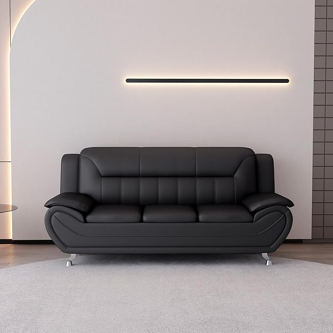 Container Furniture Direct Michael Modern Faux Leather Upholstered Stainless Steel Legs Living Room Sofa, Chair, Black