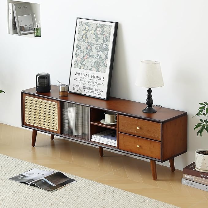 Tiita Rattan TV Stand for 55 65 Inch TV, Bamboo TV Cabinet with 2 Drawers, Boho Entertainment Center with Adjustable Shelf, Mid Century Modern Media Console for Bedroom, Living Room, Walnut