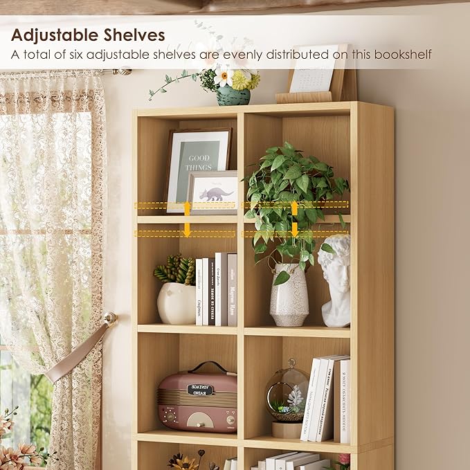 FOTOSOK 71’’ Narrow Bookshelf and Bookcase, Wooden Shelf 7 Tier Media Storage Tower Rack, CD DVD Storage Tower Rack with Adjustable Shelves,Double Wide Slim Bookshelf Cube Storage Organizer, Natural