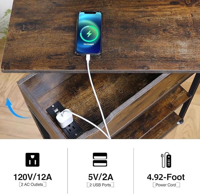 Rotating Top End Table with Charging Station, Side Table with USB Ports and Outlets, 24" W x 12" D x 27" H, Rotating End Table with Storage, Couch Side Tables, Narrow Table Living Room, Bedroom