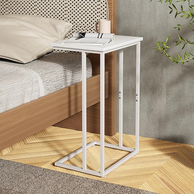 Innerjoin Wide C Side Table,C Couch Table with Metal Frames, Small Snack End Table for Couch and Bed, Retro Laptop C Table, Living Room and Bedroom, Industrial Style, White