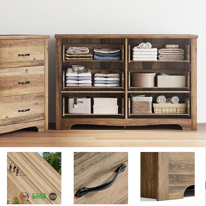 LINSY HOME 6 Drawers Dresser for Bedroom, 47" Wide Rustic Wood Dressers & Chests of Drawers, Modern Farmhouse Storage Dresser with Antique Handles for Closet, Living Room, Hallway, Rustic Brown