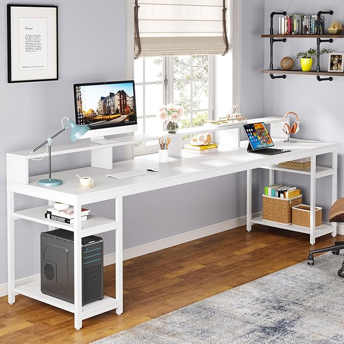 Tribesigns Two Person Desk with Monitor Stand, 78.74" Long Double Computer Office Desk with Storage Shelves, Large Gaming Desk Study Writing Table Workstation for Home Office (White)