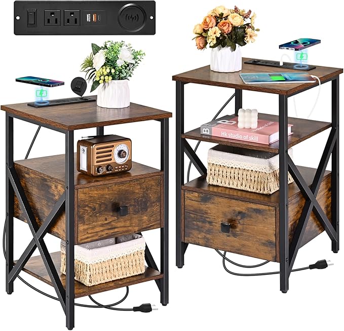 Nightstand Set of 2 with Wireless Charging and USB Ports, End Table Set 2 with Outlets, Bedside Table End Tables with Drawer, Small Night Stand for Bedroom, Living Room, Side Table, Brown