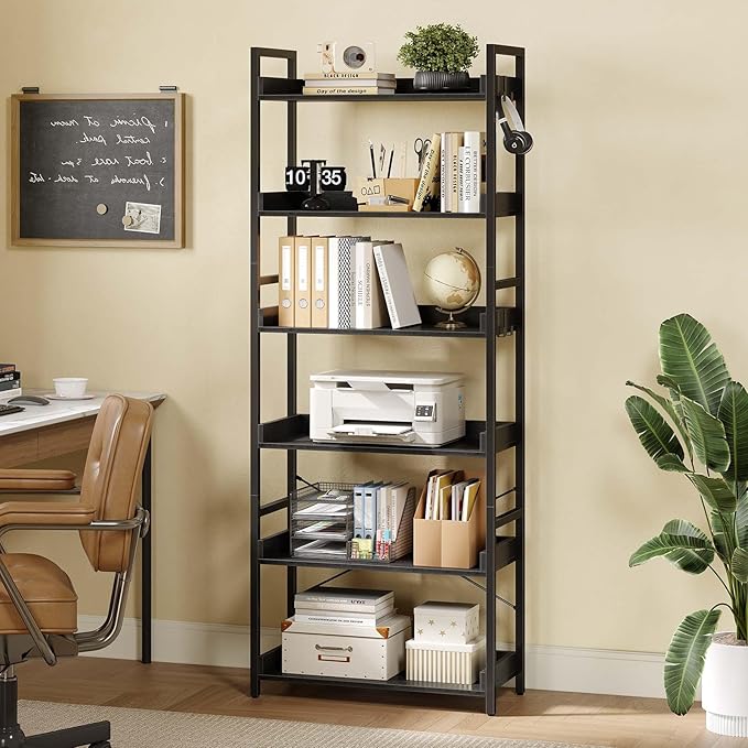 Rolanstar Bookshelf 6 Tier with 4 Hooks, Industrial Bookcase, Vintage Storage Rack with Open Shelves, Rustic Standing Bookshelves Metal Frame Display Rack for Living Room, Bedroom, Black