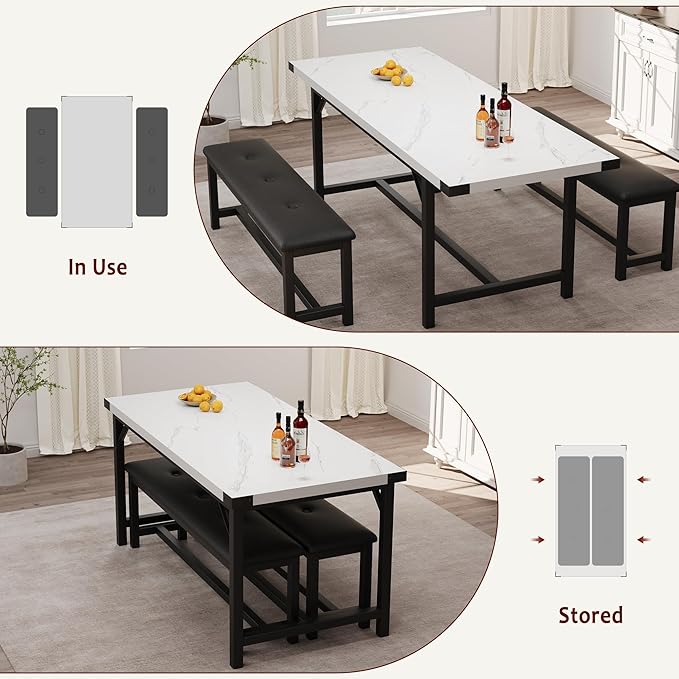 3-Piece Dining Table Set for 4-6 People, Extendable Kitchen Table Set with 2 Upholstered Benches, Dining Room Table Set for Apartment, Kitchen, Living Room, Marble White