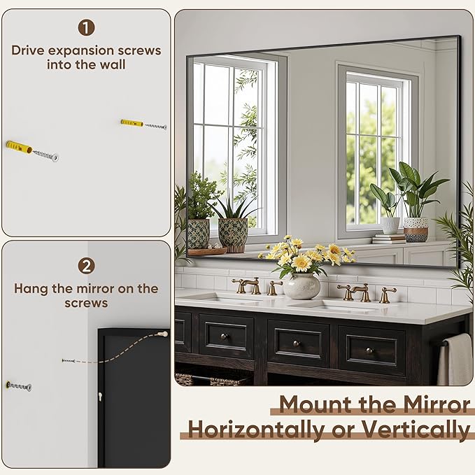 Bathroom Mirror 40" x 30", Large Rectangle Wall Mirror, Black Metal Frame Wall Mounted Mirrors for Bathroom, Vanity, Bedroom, Entryway Decor(Horizontal/Vertical)