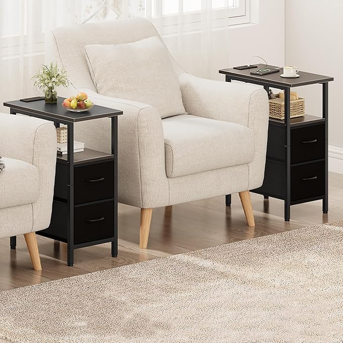 Vagusicc End Table with Charging Station Set of 2, Narrow Side Table, 23.8'' Tall Nightstand with 2 Drawers, Small Sofa Side Table Narrow Nightstand for Small Spaces, Living Room, Bedroom, Black