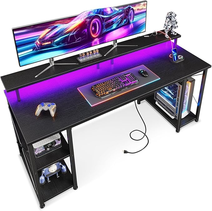 ODK 63 Inches Gaming Desk with LED Lights, Computer Desk with Monitor Stand, Pc Table with CPU Stand, Black