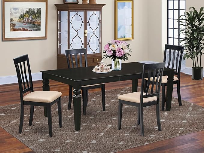 East West Furniture LGAN5-BLK-C 5 Piece Dinette Set for 4 Includes a Rectangle Dining Table with Butterfly Leaf and 4 Linen Fabric Dining Room Chairs, 42x84 Inch, Black
