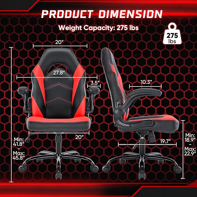 OLIXIS Computer Gaming Desk Chair - Big and Tall Ergonomic Comfy Lumbar Support with Flip-up Armrest and 360° Swivel Wheels, PU Leather Height Adjustable, for Home and Office, Red