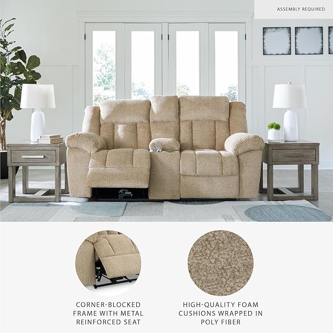 Signature Design by Ashley Tip-Off Classic Wall Hugger Power Reclining Loveseat with Adjustable Headrest, USB Ports, Storage and Cup Holders, Light Brown