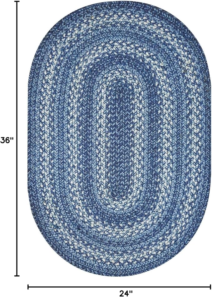 Denim Blue Oval Braided Rug, 2x3' - Handmade with Jute, Coastal Country Decor, Perfect for Bathrooms and Entryways - Reversible and Easy to Clean