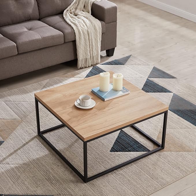 CENSI 30"x30" Natural Oak Accent Coffee Table Ottoman for Living Room, Modern Industrial Style, 1.2" Extra Thick Tabletop (Light Wood)