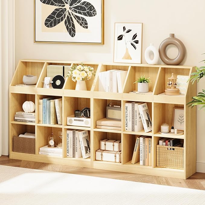 9-Cube Wooden Storage Bookcase - 11-Inch Open Shelf Cabinet, Simple Modern Bookshelf Organizer for Home Office, Living Room, Oak