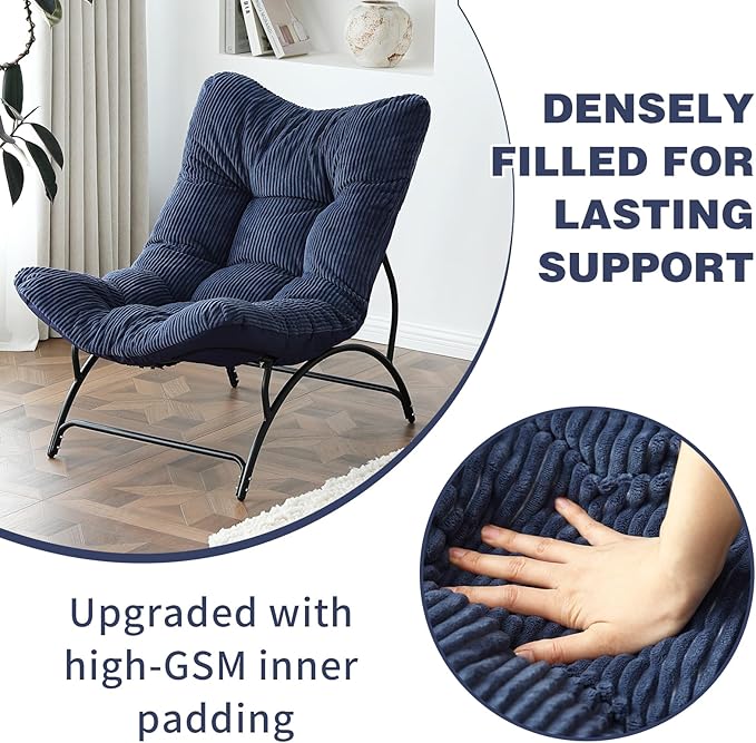 Welnow Accent Lounge Lazy Chair, Comfy Soft Leisure Metal Frame Reading Chair, Upholstered Thick Cushion Seated Recliner Sofa for Living Room, Bedroom, Dorm, Navy