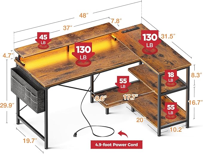 ODK 48 Inch Gaming Desk with USB Charging Ports and LED Lights, Reversible L Shaped Computer Desk with Storage Shelves & Monitor Stand, Corner Home Office Desk Table with Power Outlets, Vintage