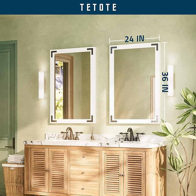 TETOTE 24 x 36 White Wood Framed Mirror for Bathroom Wall/Bedroom/Living Room/Entryway Farmhouse Rustic Bathroom Vanity Mirror Waterproof (Horizontal/Vertical Mounted)