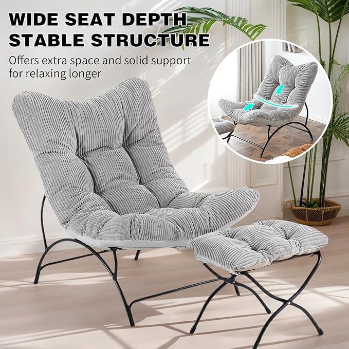 Welnow Accent Chair with Ottoman, Lounge Comfy Soft Leisure Metal Frame Reading Chair with Footrest, Upholstered Thick Cushion Seated Recliner Sofa for Living Room, Bedroom, Dorm, Light Grey