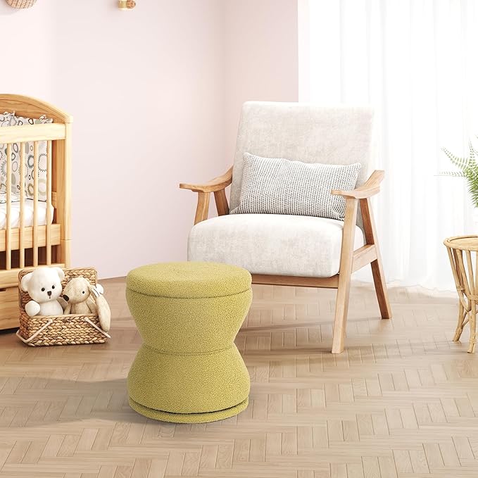 Ottoman with Storage, 360° Swivel Boucle Ottoman Vanity Stool, Upholstered Footstool with Storage Removable Lid, Modern Round Boucle Footrest Coffee Table for Living Room, Bedroom, Green