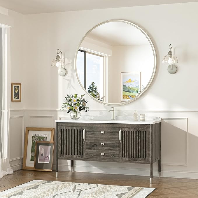 TokeShimi 40 in Tempered Bathroom Vanity Mirror Round Brushed Nickel Bathroom Mirror, 40x40 Shatterproof Circle Wall Mirrored Farmhouse Metal for Entryway, Bedroom, Restroom, Vanity, Living Room