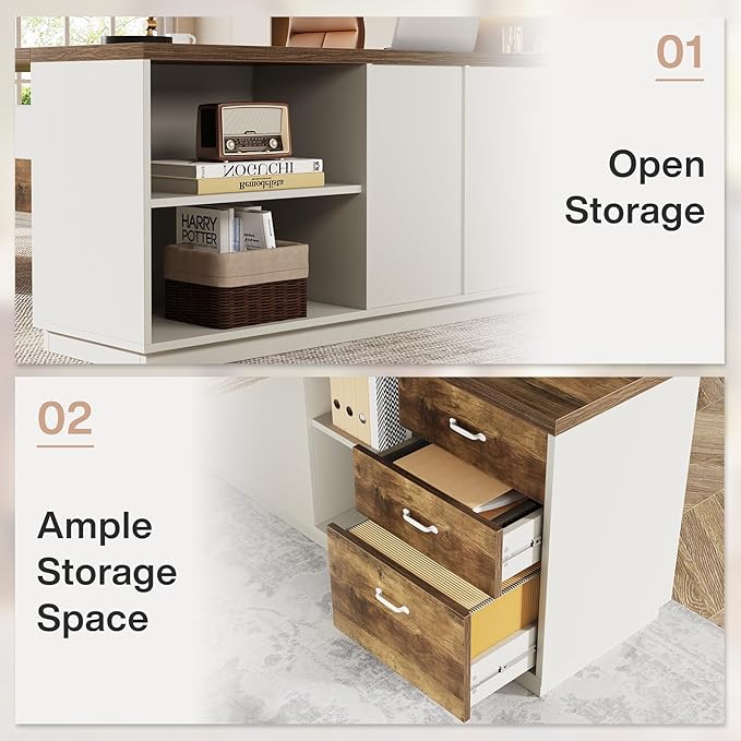 Tribesigns 78" L-Shaped Executive Desk, Large Modern Office Desk with Drawers and Lateral File Cabinet, Business Furniture with Storage Shelves, Big Computer Desk for Home Office (Brown + White)