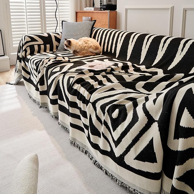 STACYPIK Reversible Boho Couch Cover Ivory Black Futon Armchair Slipcovecrs Anti-Slip Sofa Cover for Dogs Cats Geometric Triangle Couch Cover Versatile Furniture Protector for 2 Cushion Couch-71X102IN